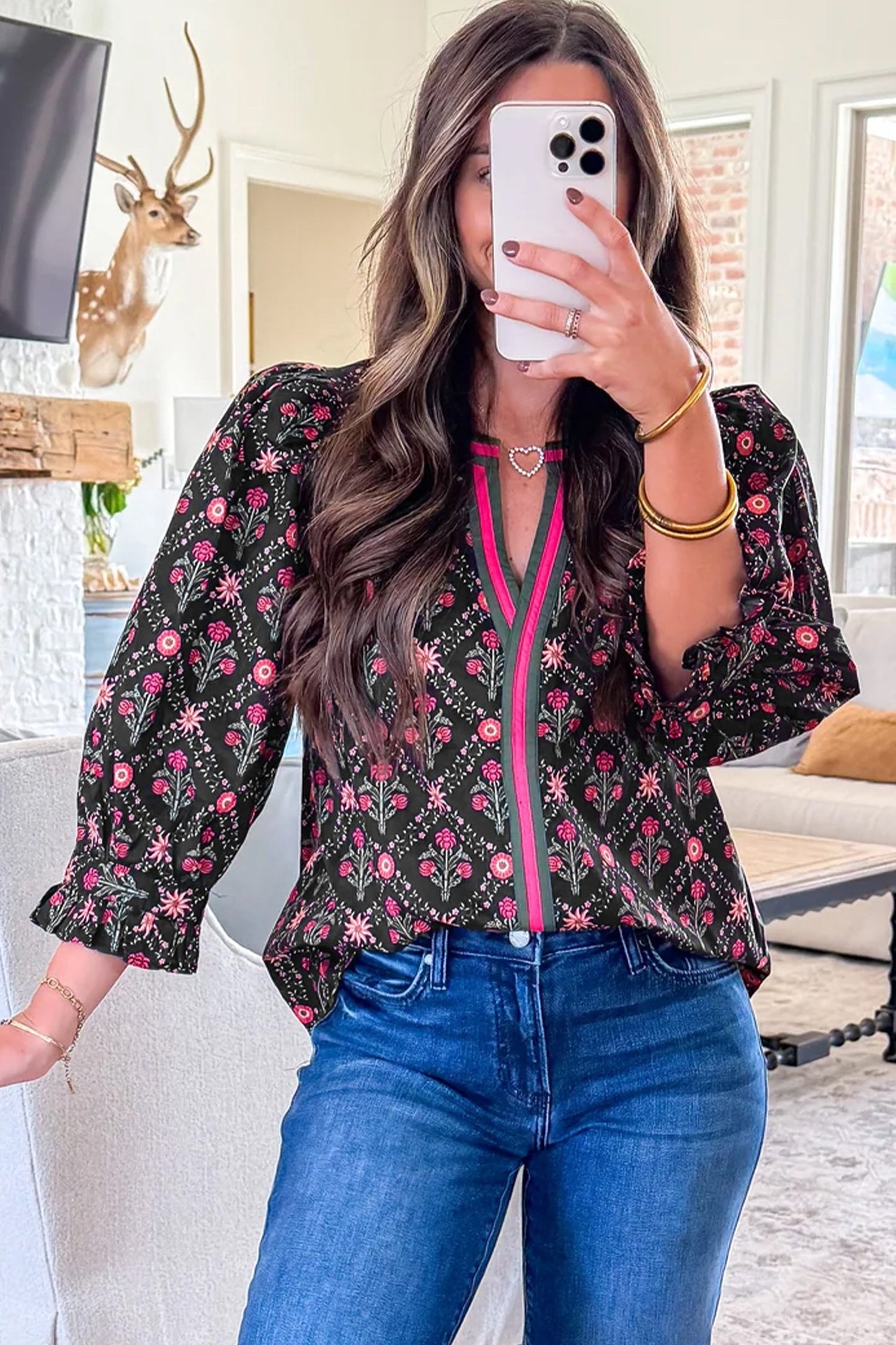 Blusa vintage floral con escote en V de contraste negro y manga tres cuartos
