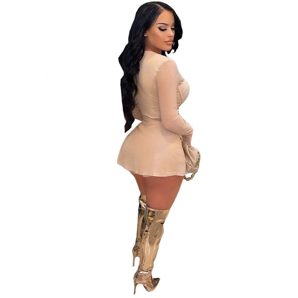 Gauze Mesh Sheer Two Piece Sportswear Women Zip Top Black Shorts Set