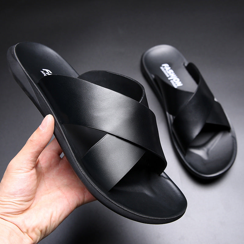New Wholesale Leather Slippers For Men, Indoor And Outdoor Soft Leather Trendy Men's Sandals, Non-slip Slip-on Men's Beach Shoes