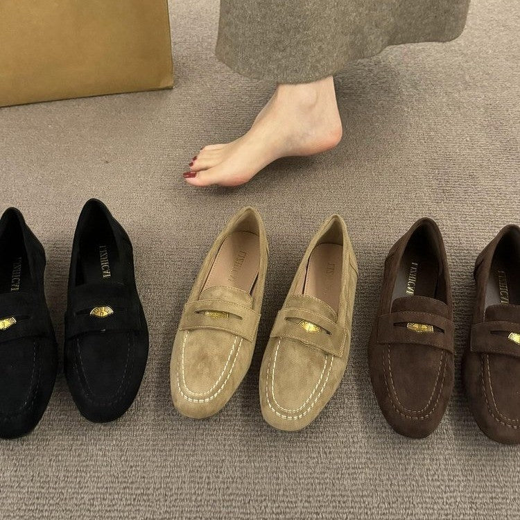 Suede Loafer Flats with Buckle Detail