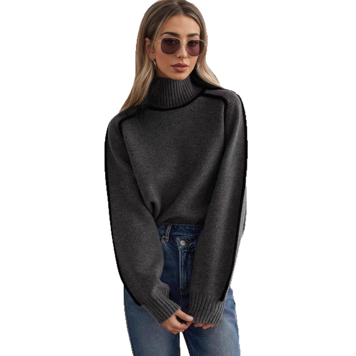 Women's Turtleneck Contrast Trim Sweater, 2026 Fall Winter Loose Long Sleeve Pullover, Casual Lazy Style Knit Top