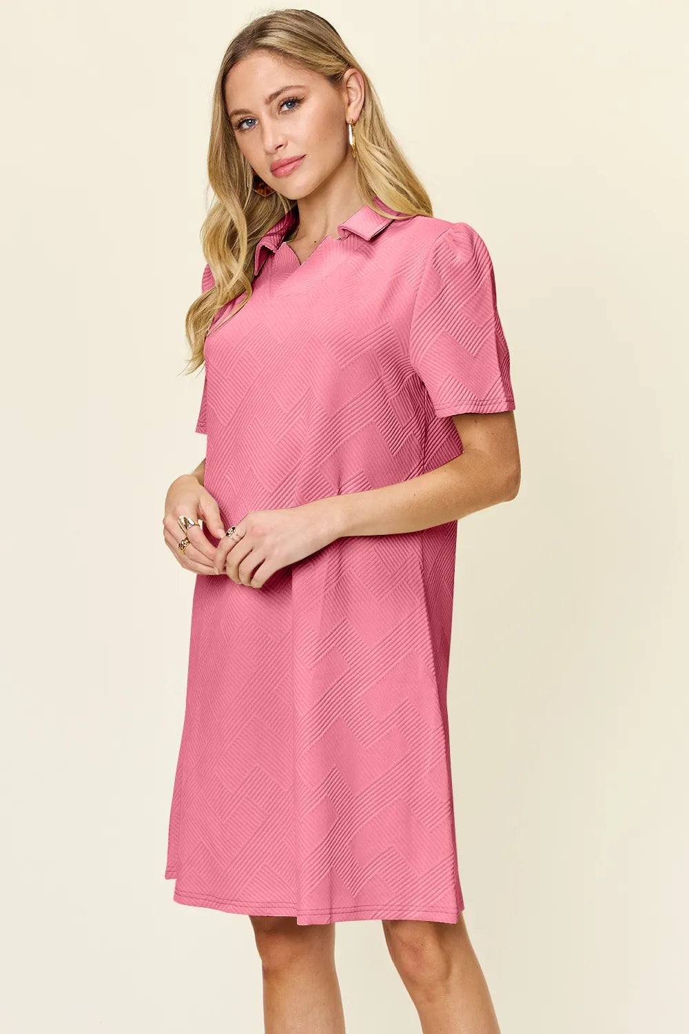 Double Take Textured Collared Short Sleeve Dress