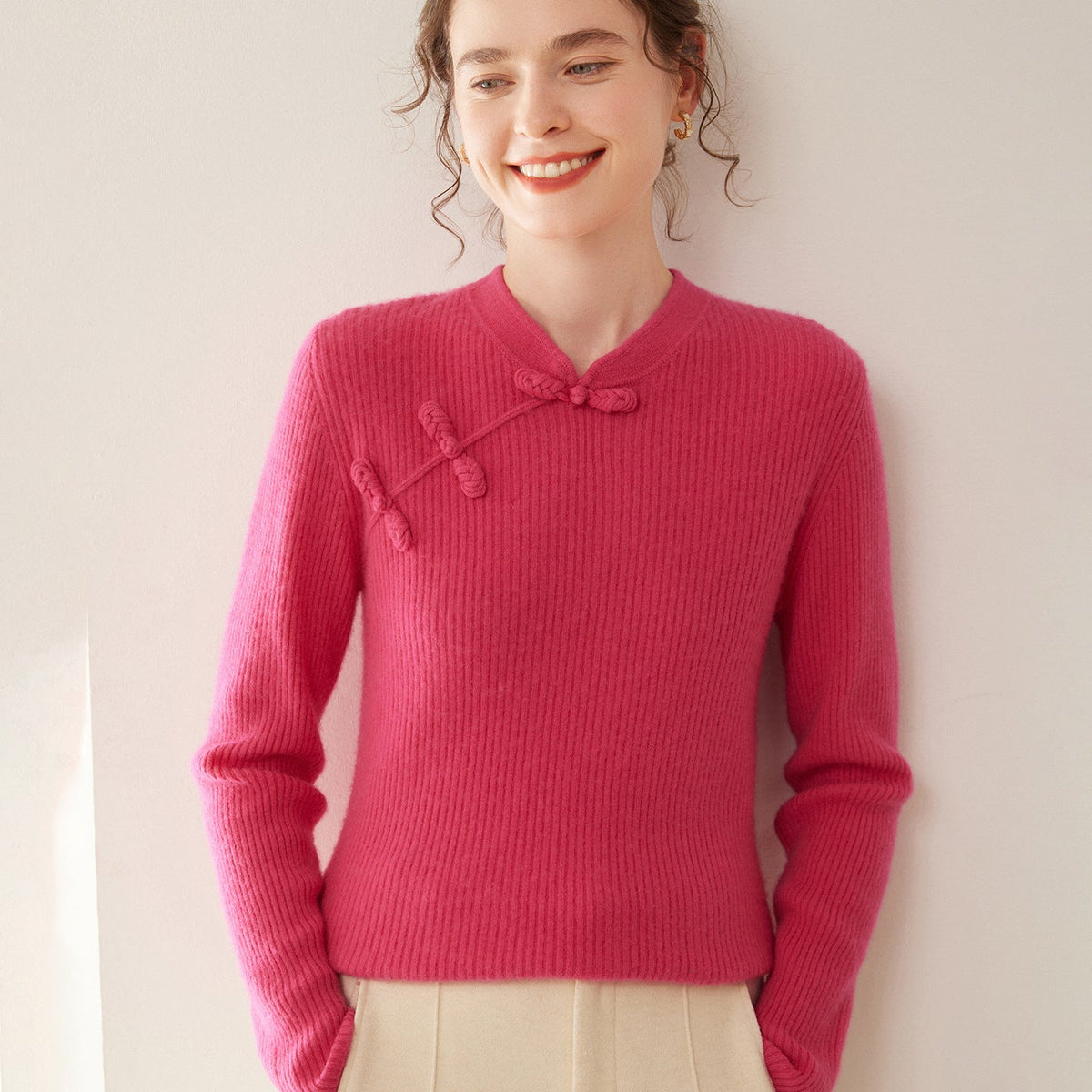 Chinese Cheongsam-Style Frog Button Goat Cashmere Sweater