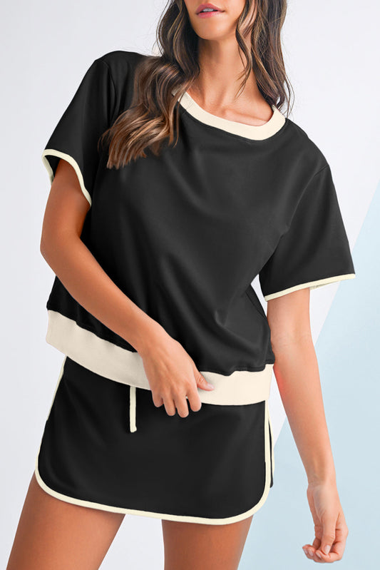 Set de 2 piezas de camiseta con hombros caídos y skort con ribetes de bloques de color negros