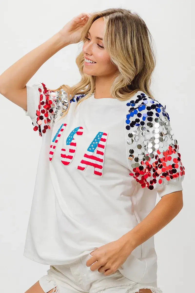 Women's T-Shirt Women's Tee - Sequin American Flag - Patriotic USA Made
