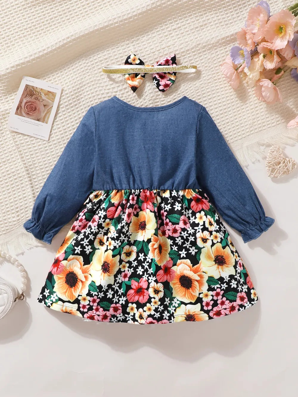 Children's Ruffled Bow Contrast Floral Dress with Headband