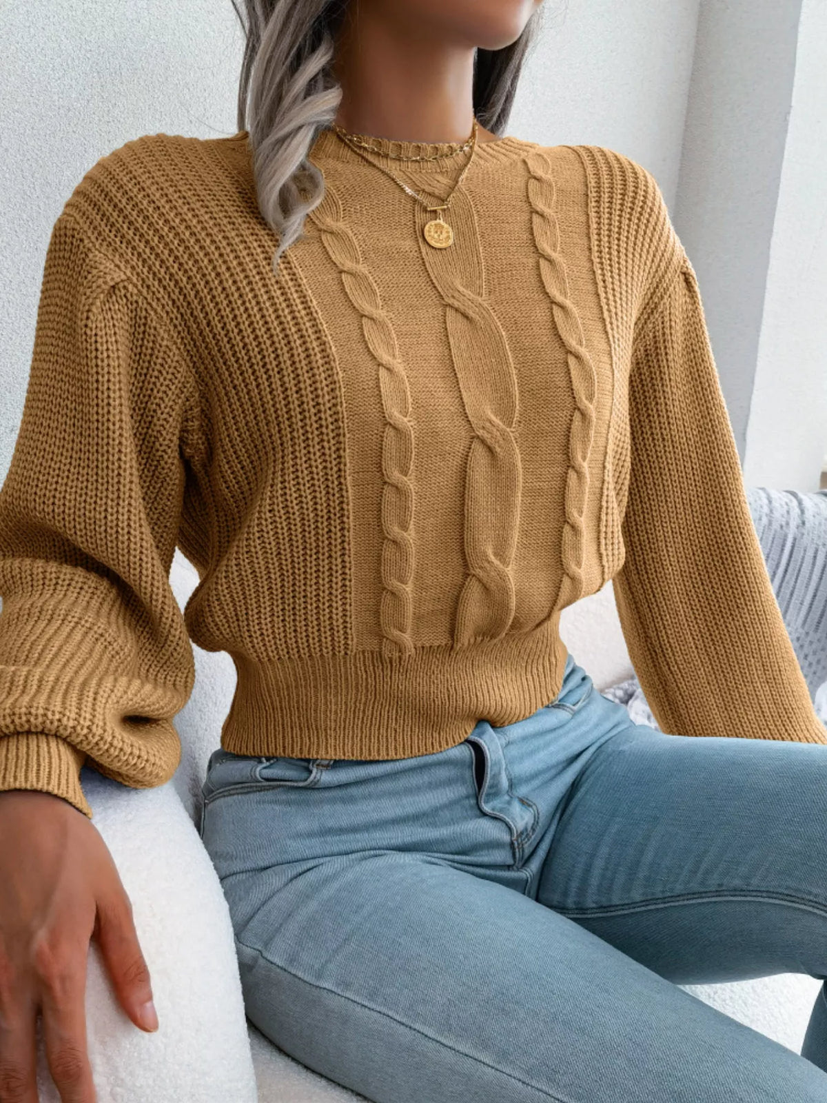 Cable Knit Round Neck Cropped Sweater