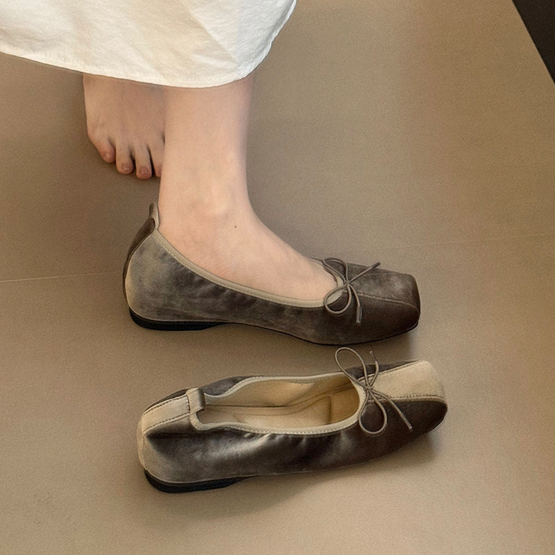 Women Square Toe Soft Leather Bow Decor Ballet Flats, Elegant Shallow Cut Slip-on Casual Shoes