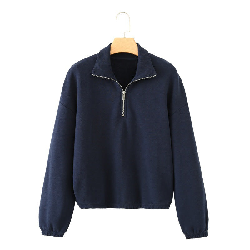 Long-sleeve Stand-collar Sweatshirt With Metal Zipper Available In Multiple Colors