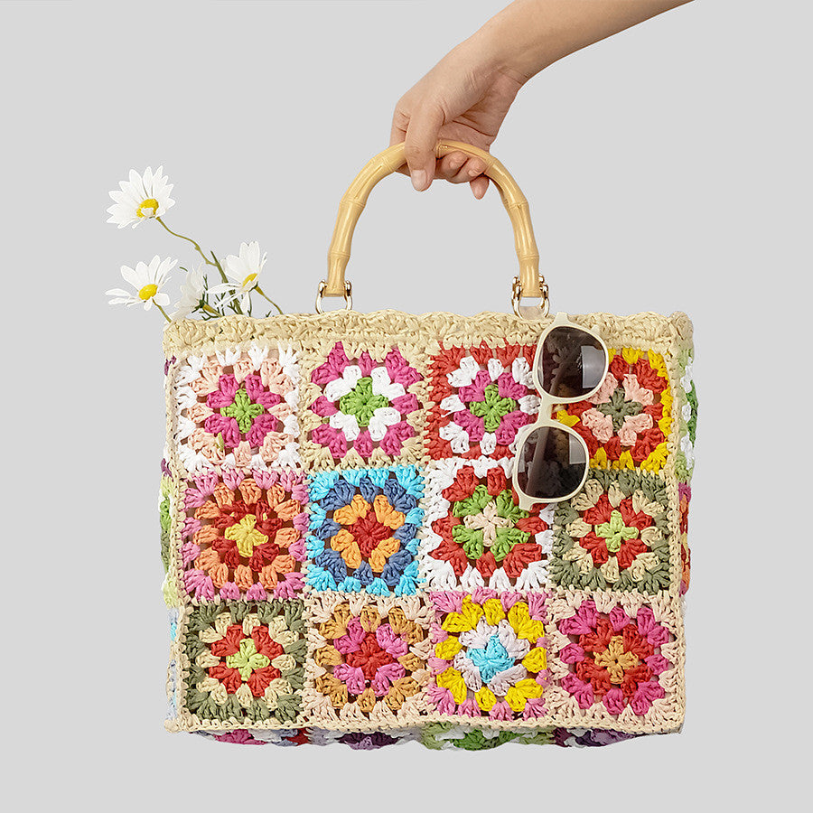 Women's Grandmother Contrasting Color Woven Tote Bag Travel Tote Bag