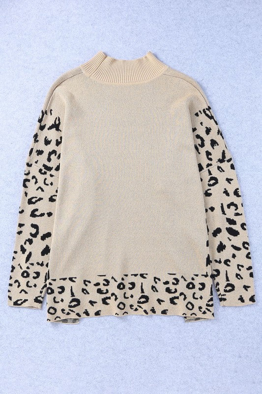 Leopard Mock Neck Side Slit Sweater