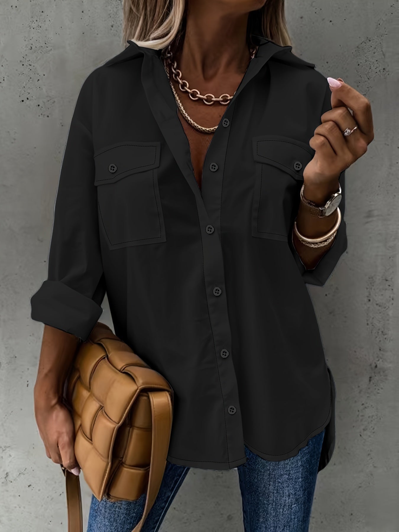Camisa de manga larga informal para mujer con bolsillo