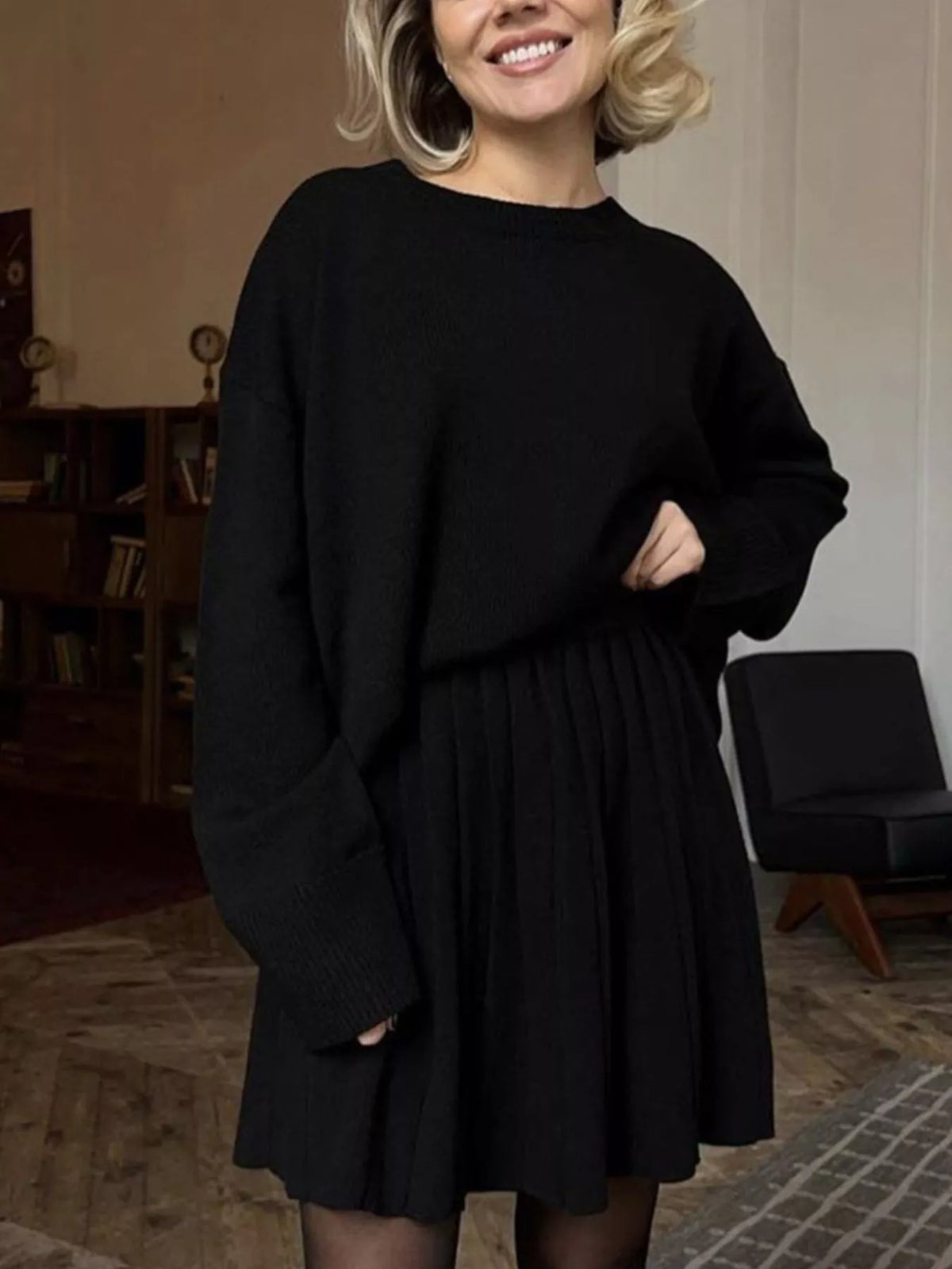 Round Neck Top and Pleated Skirt Sweater Set