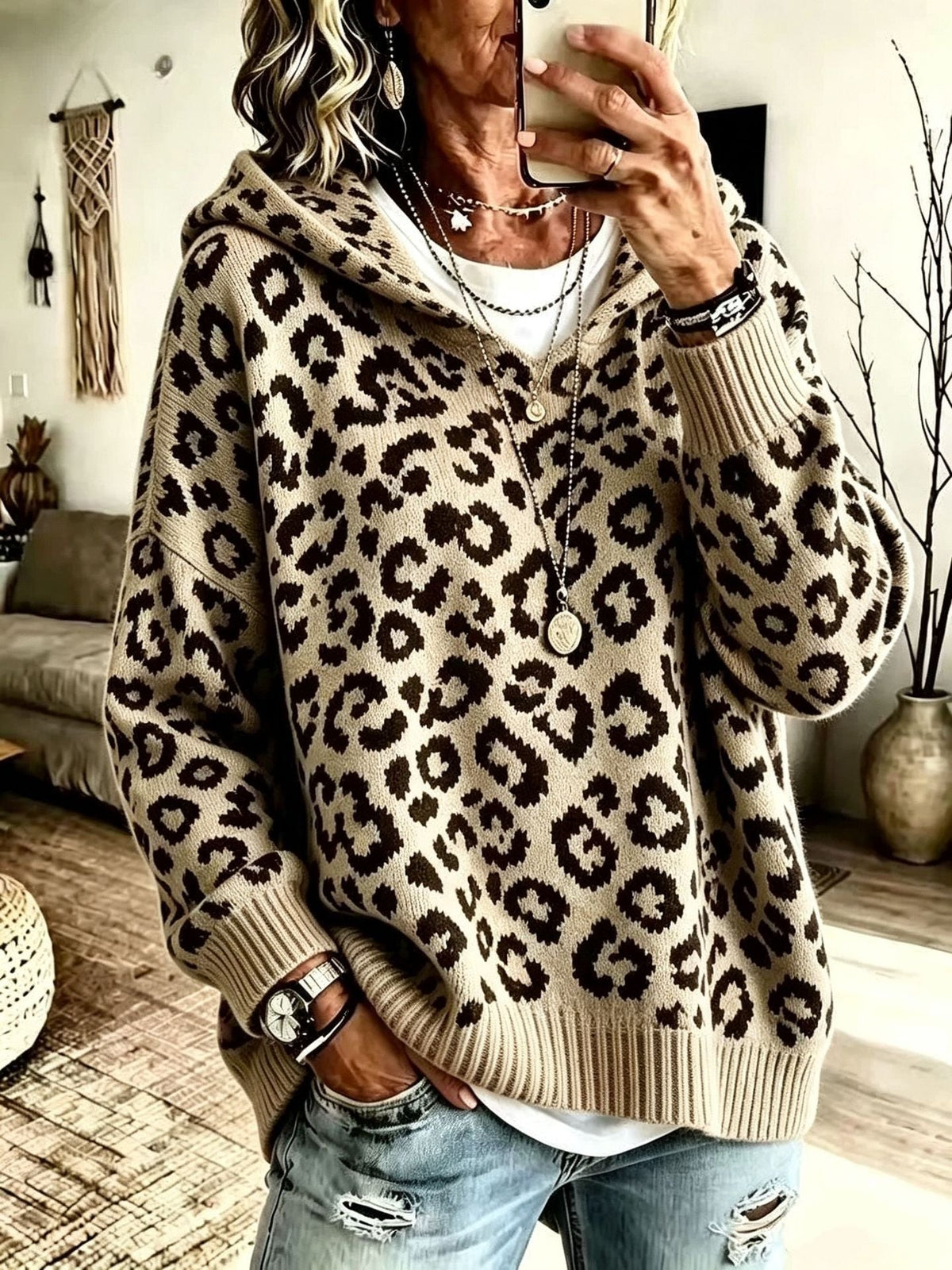 New Fallwinter Womens Leopard-print Hooded Knit Sweatshirt