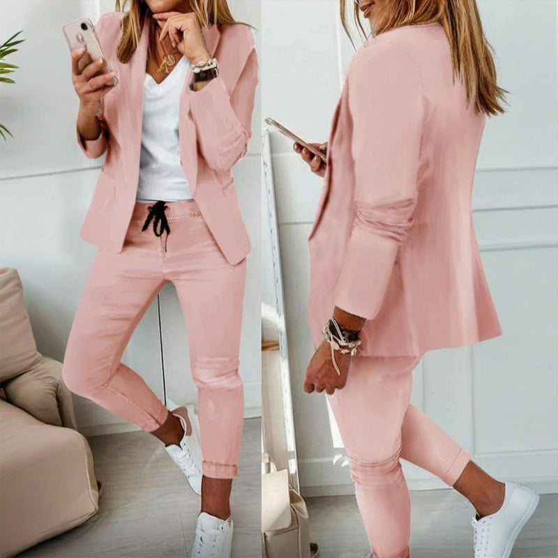 Conjunto de traje de saco con solapa de muesca y pantalón con cordón para mujer