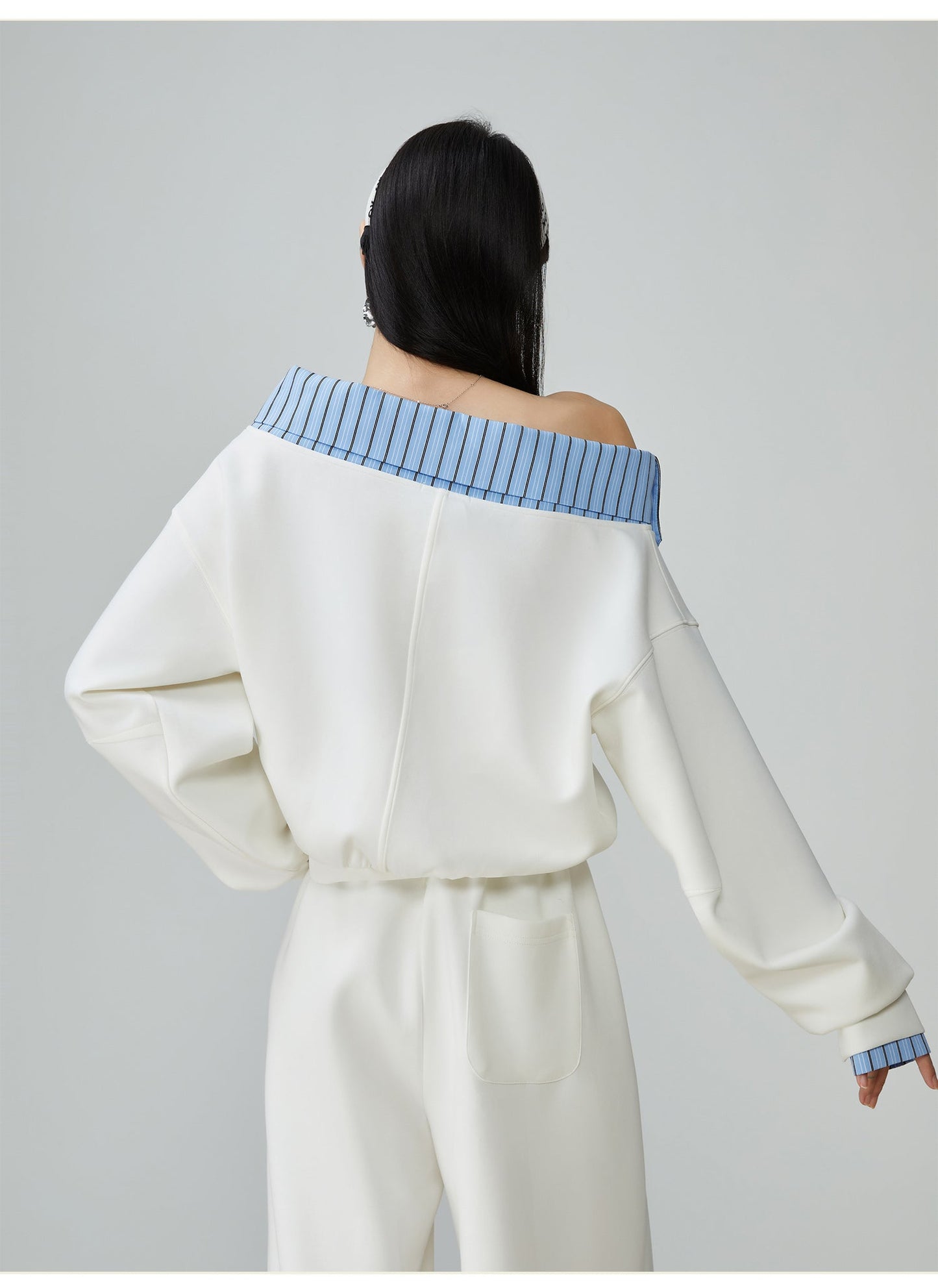 Two Piece Set Of Blue And White Striped Collared Sloping Shoulder Hoodie And Wide Leg Pants See size chart under “more details”