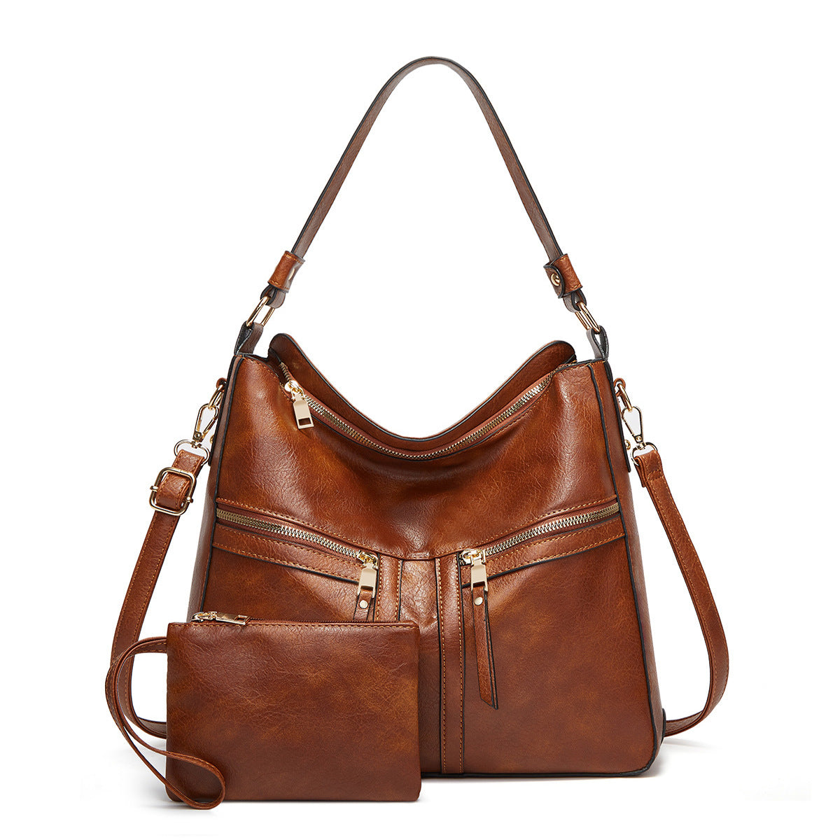 Double Zipper Soft Leather Large Capacity Tote Travel Tote Bag