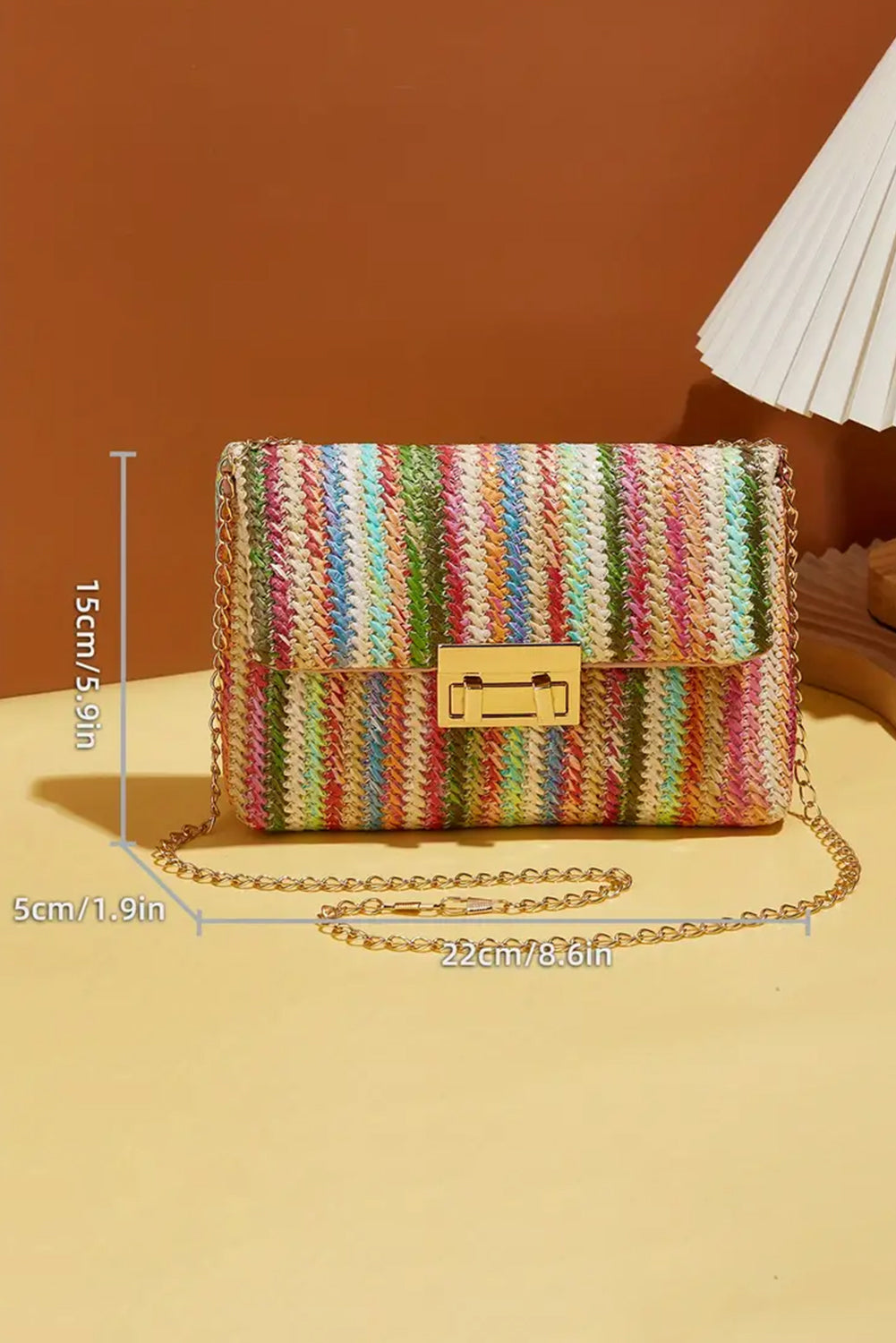 Bolso de Hombro Único con Solapa Rayado y Tejido Color Camel