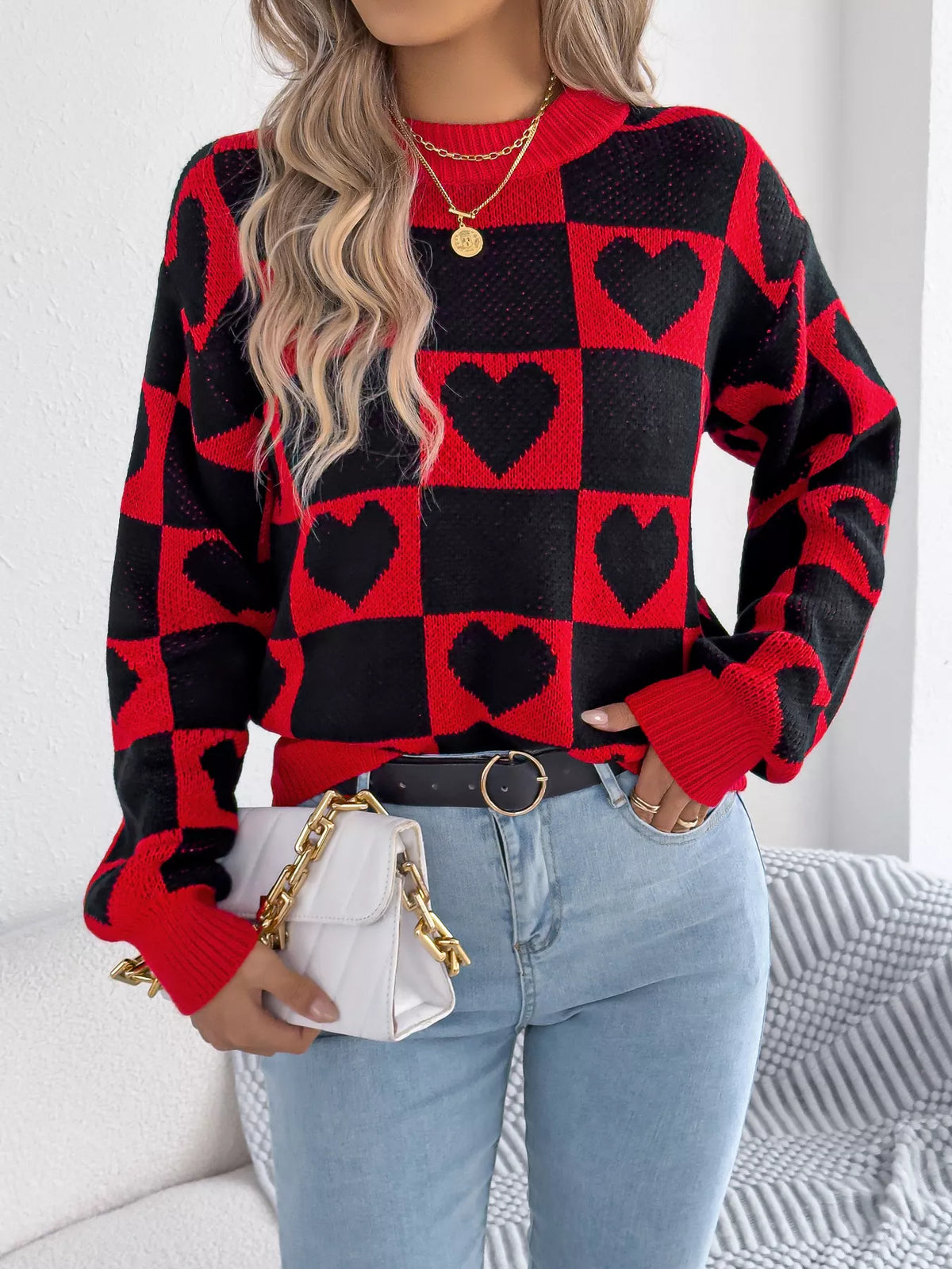 Heart Checkerboard Pattern Round Neck Sweater
