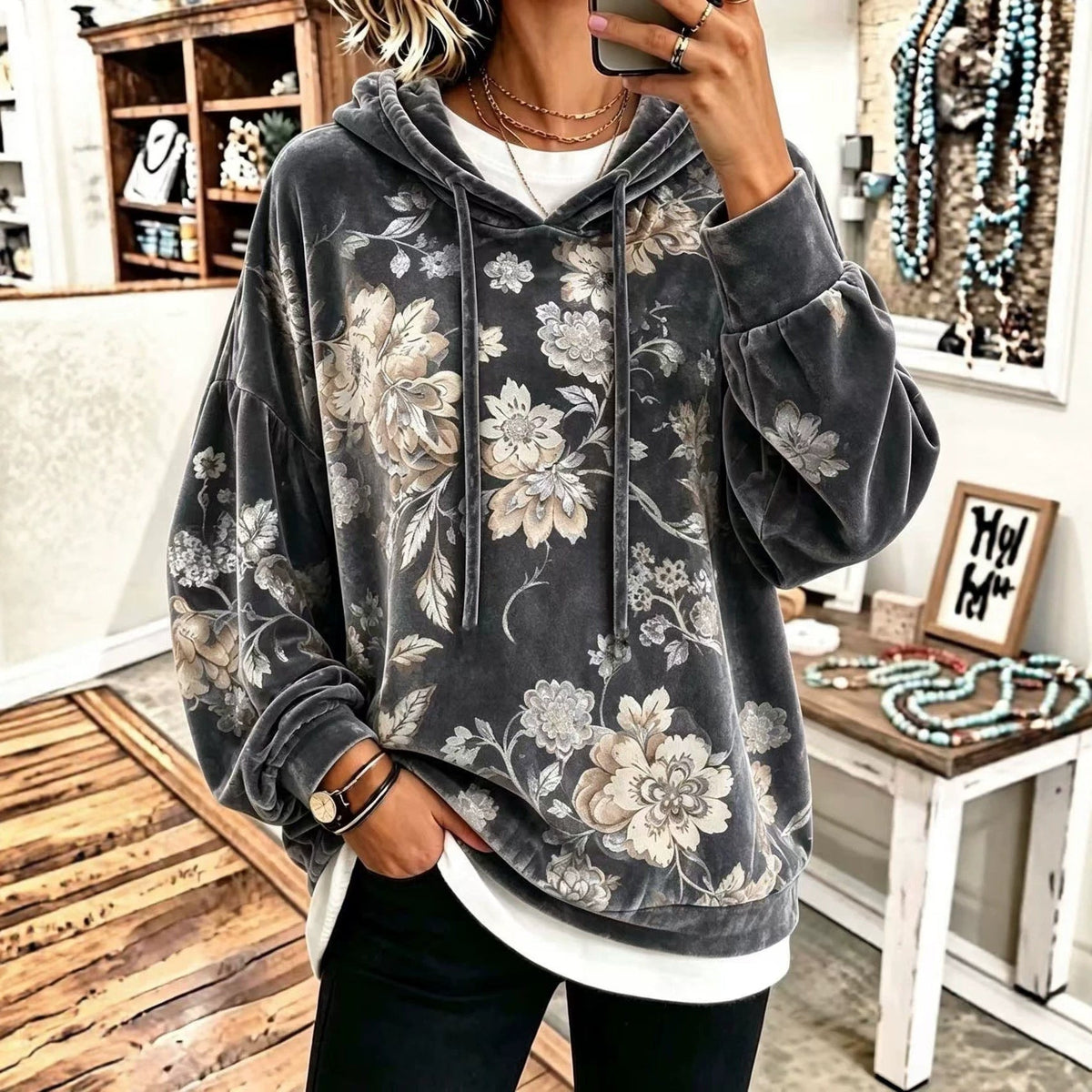 Women's Velvet Hooded Floral Sweatshirt Loose-fitting Long-sleeve Top