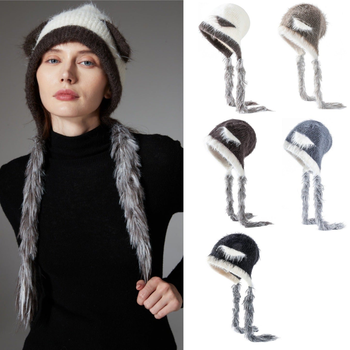 Gorro de punto de lana de visón con orejas de gato y protección para las orejas - Acogedor gorro con orejas de animales