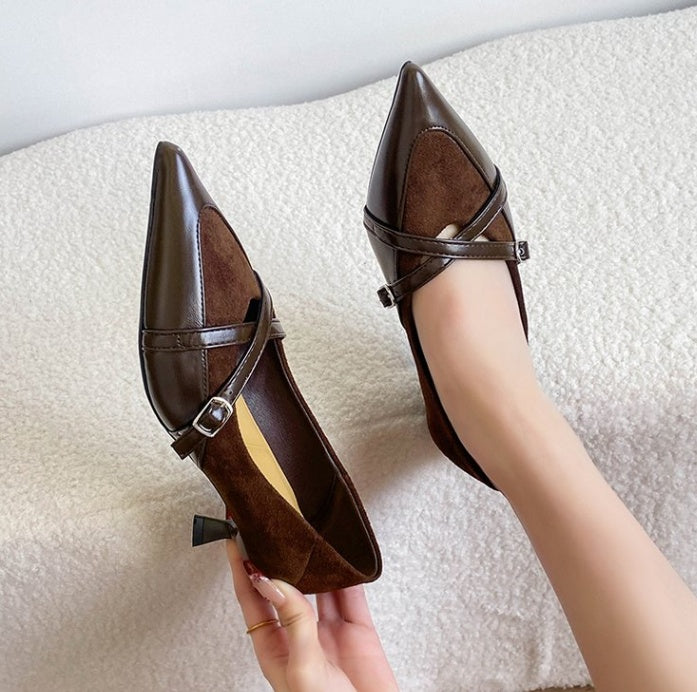 Women French Vintage Pointed Toe Stiletto Heels, Leather Buckle Low Cut Pumps, Gorgeous Cross Strap Fashion Shoes