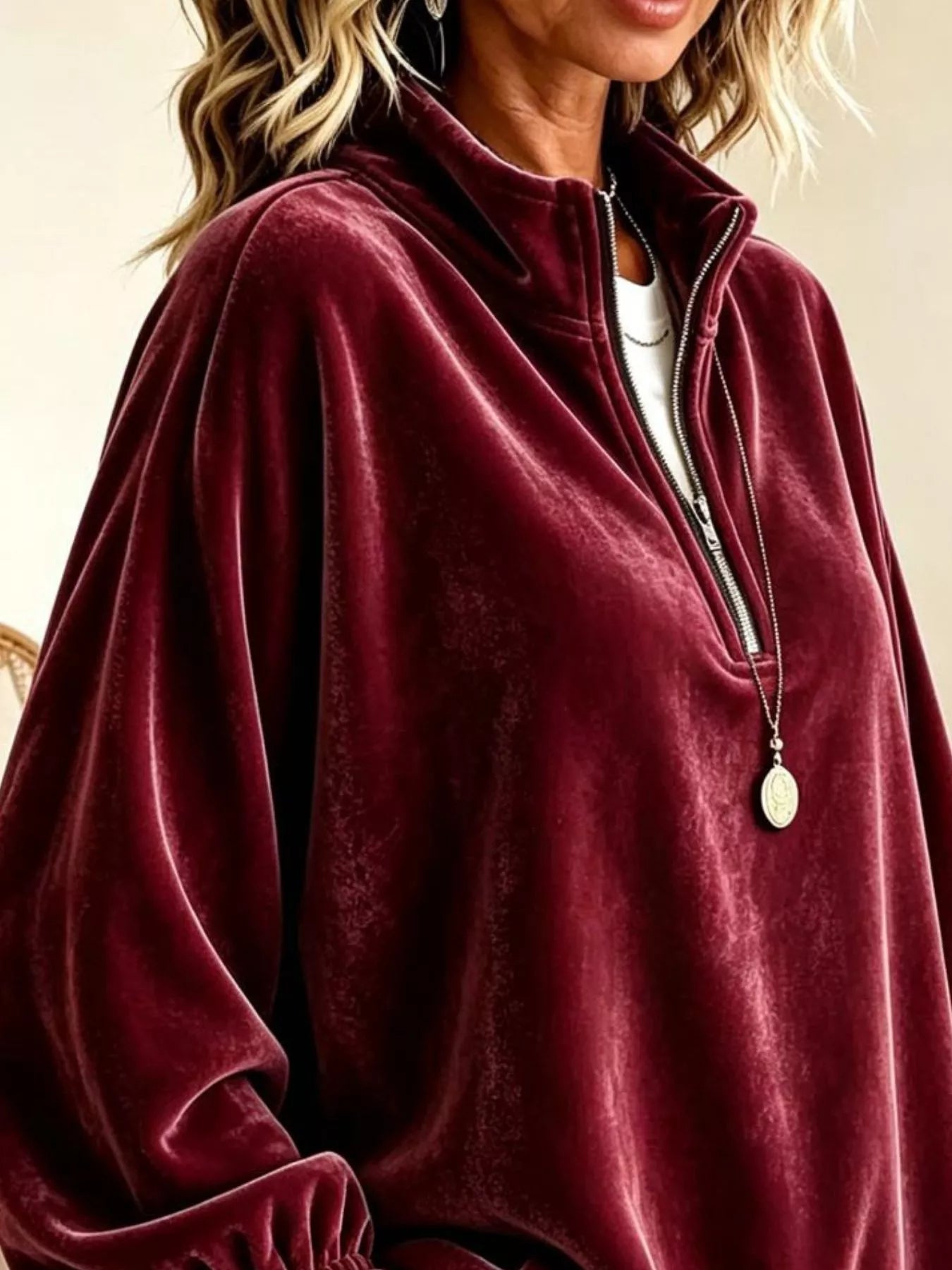 Velvet Quarter-Zip Sweatshirt with Ruffled Cuffs