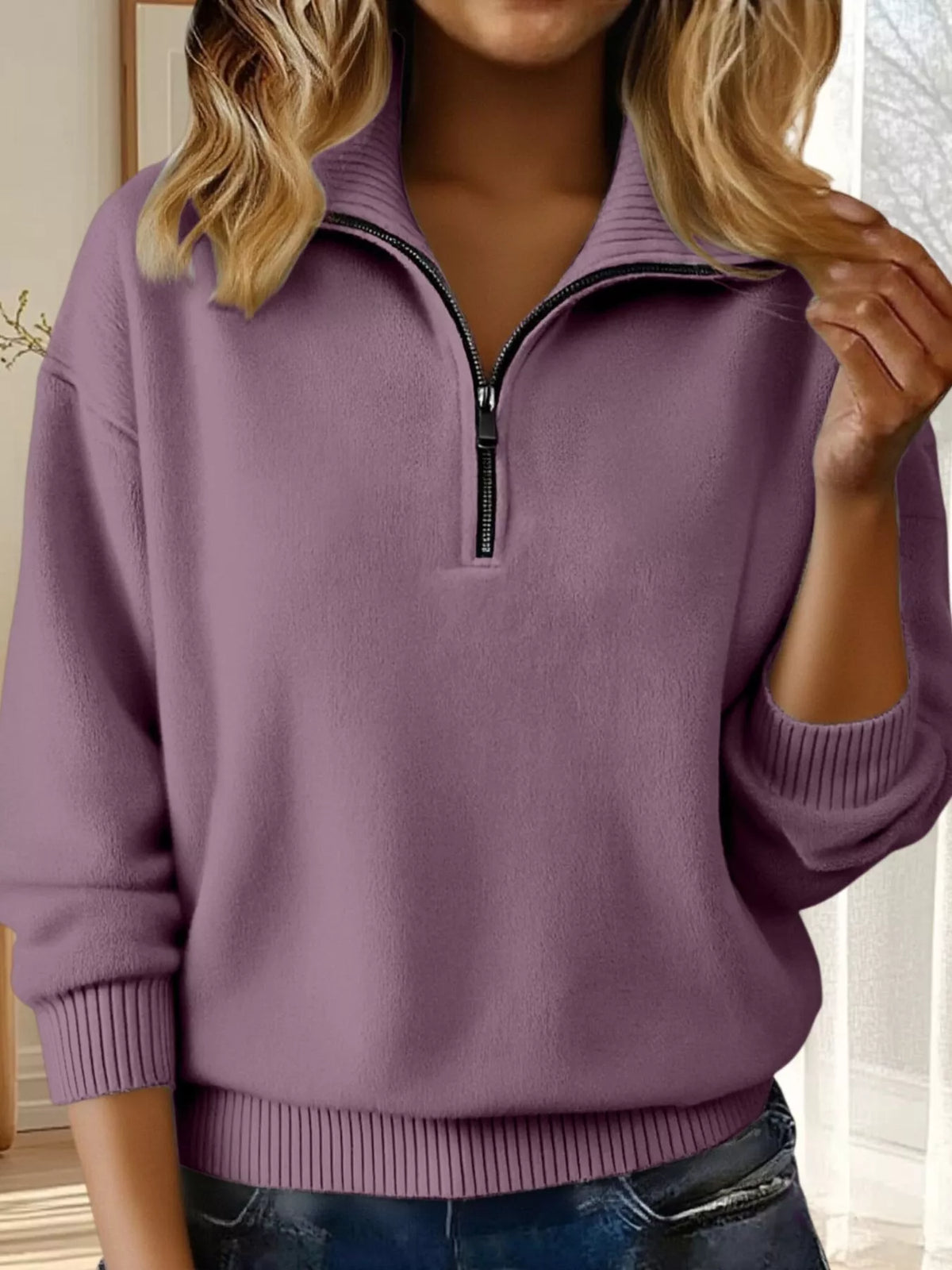 Full Size Half Zip Dropped Shoulder Sweater Plus Size
