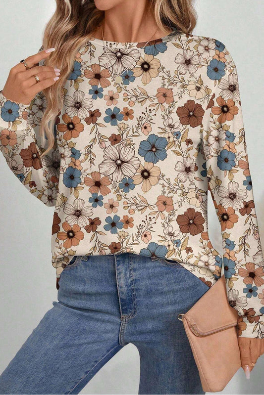Camiseta suelta de manga larga y cuello redondo con estampado floral caqui