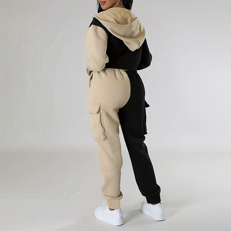 Women's Color Block 2 Piece Set, Full Zip Up Cropped Hoodie Jacket & Drawstring Cargo Pants, Casual Streetwear Outfit See size chart under “more details”