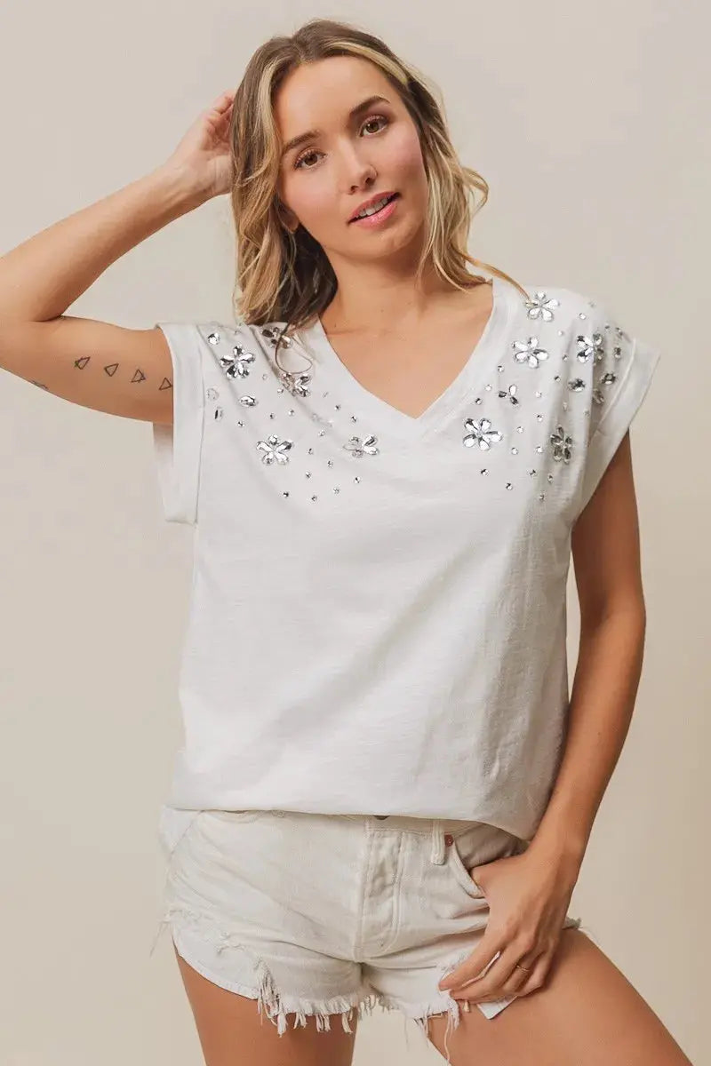 Women's Tops Women's Top - Slub Rhinestone V-Neck - Comfy Fit