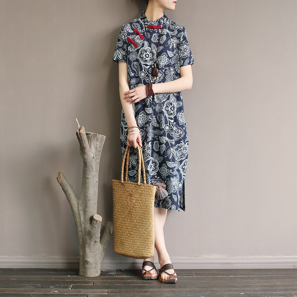Retro Floral Cotton Dress with Side Slit