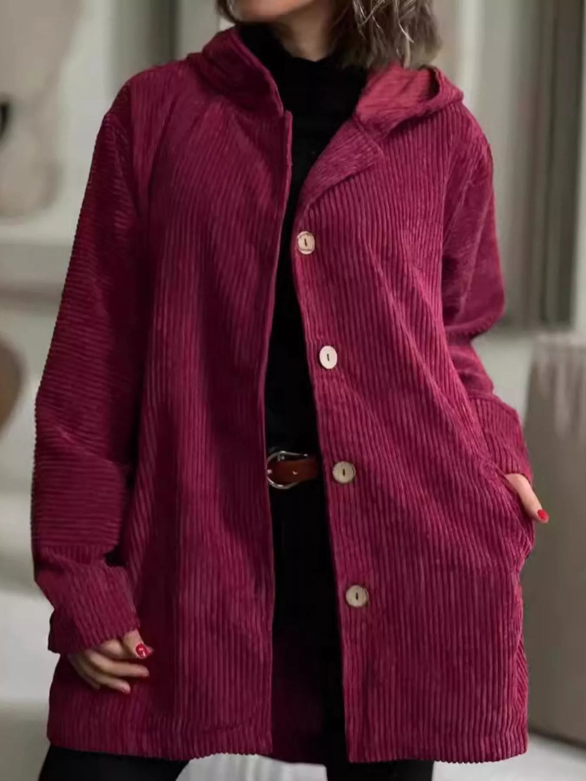 Full Size Corduroy Button Up Hooded Jacket Plus Size