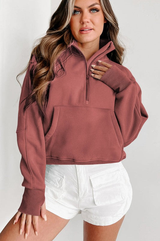 Sudadera de cuello medio con cremallera y forro polar liso