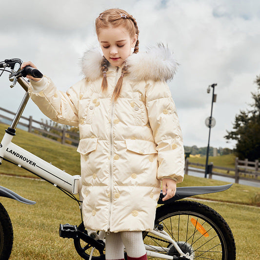 Children's Thickened Korean Large Fur Collar Medium Length Down Jacket