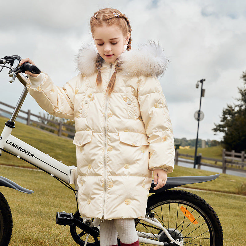 Children's Thickened Korean Large Fur Collar Medium Length Down Jacket