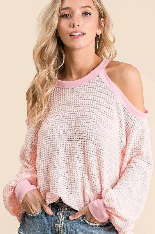BiBi Popcorn Waffle Top with Cold Shoulder Detail See size chart under “more details”