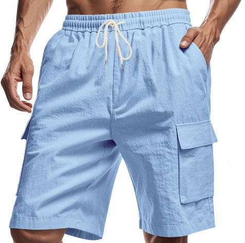 Pantalones cortos de lino con cordón, holgados, deportivos y de ocio, color liso