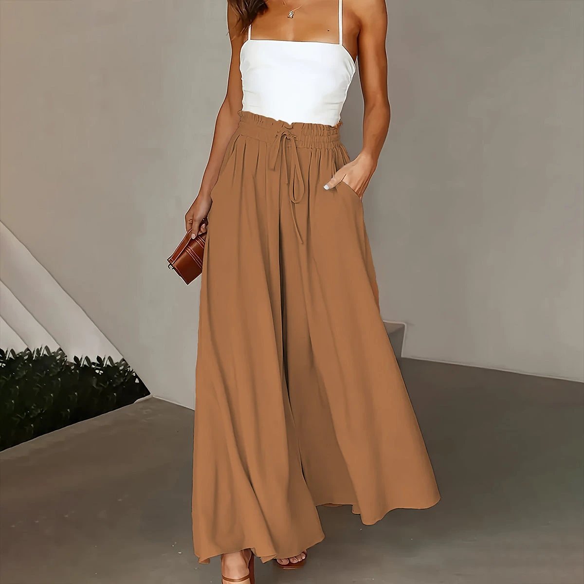 Plus Size Wide Leg Pants - Stylish Solid Paper Bag Waist Design, Elegant Pocket Tie Front, Loose Fit For Comfort, Perfect For Spring & Summer, Women's Fashionable Clothing For Curvy Figures