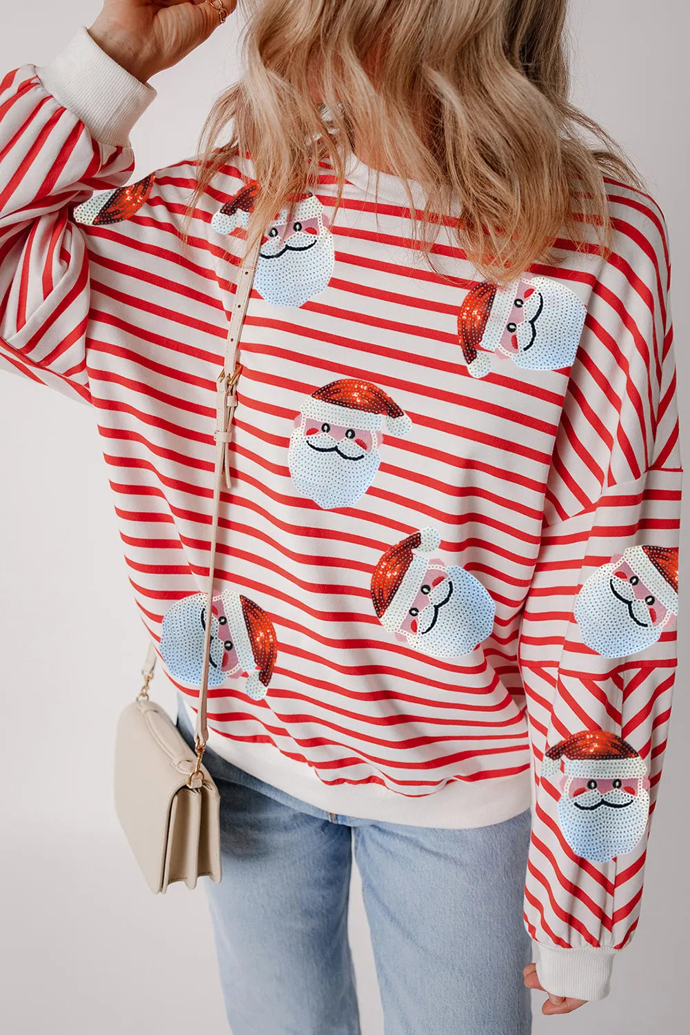 Sudadera de cuello redondo con rayas y Papá Noel de lentejuelas y manga larga