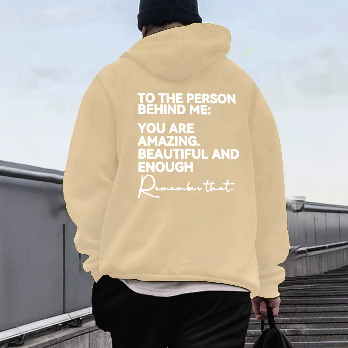 Loose-fit Drop-shoulder Hooded Sweatshirt With English Print On The Back