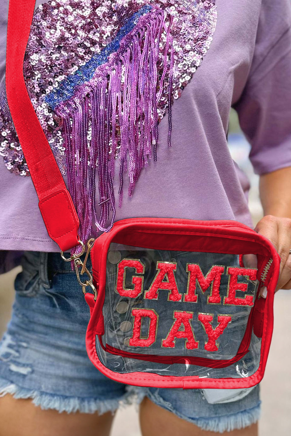 Bolso Transparente Negro de Chenilla con Patrón GAME DAY