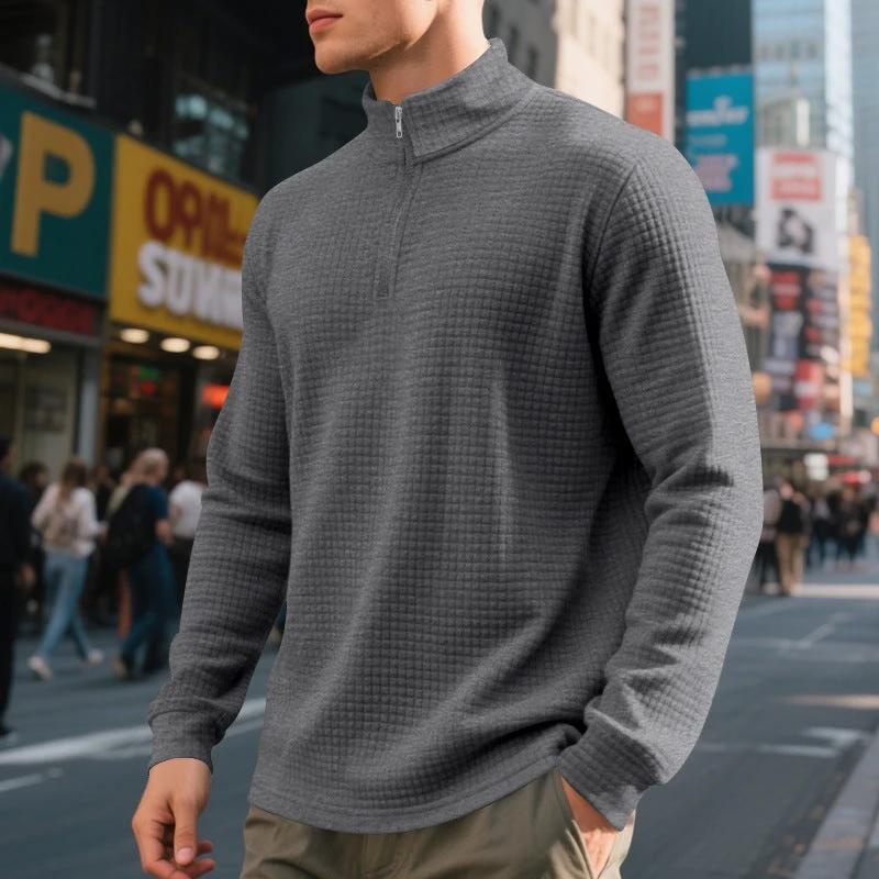 Men's Stand Collar Half Zip Small Plaid Sweater