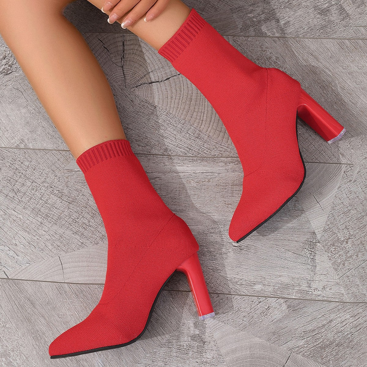 Botines de ante tejido con tacón grueso para mujer