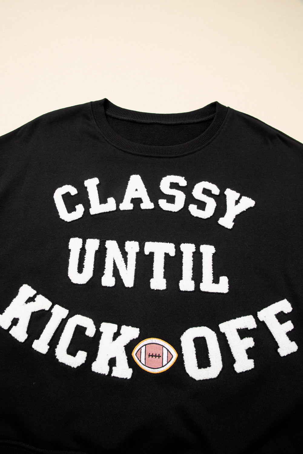Sudadera suelta con letras de peluche "CLASSY UNTIL KICKOFF" negra