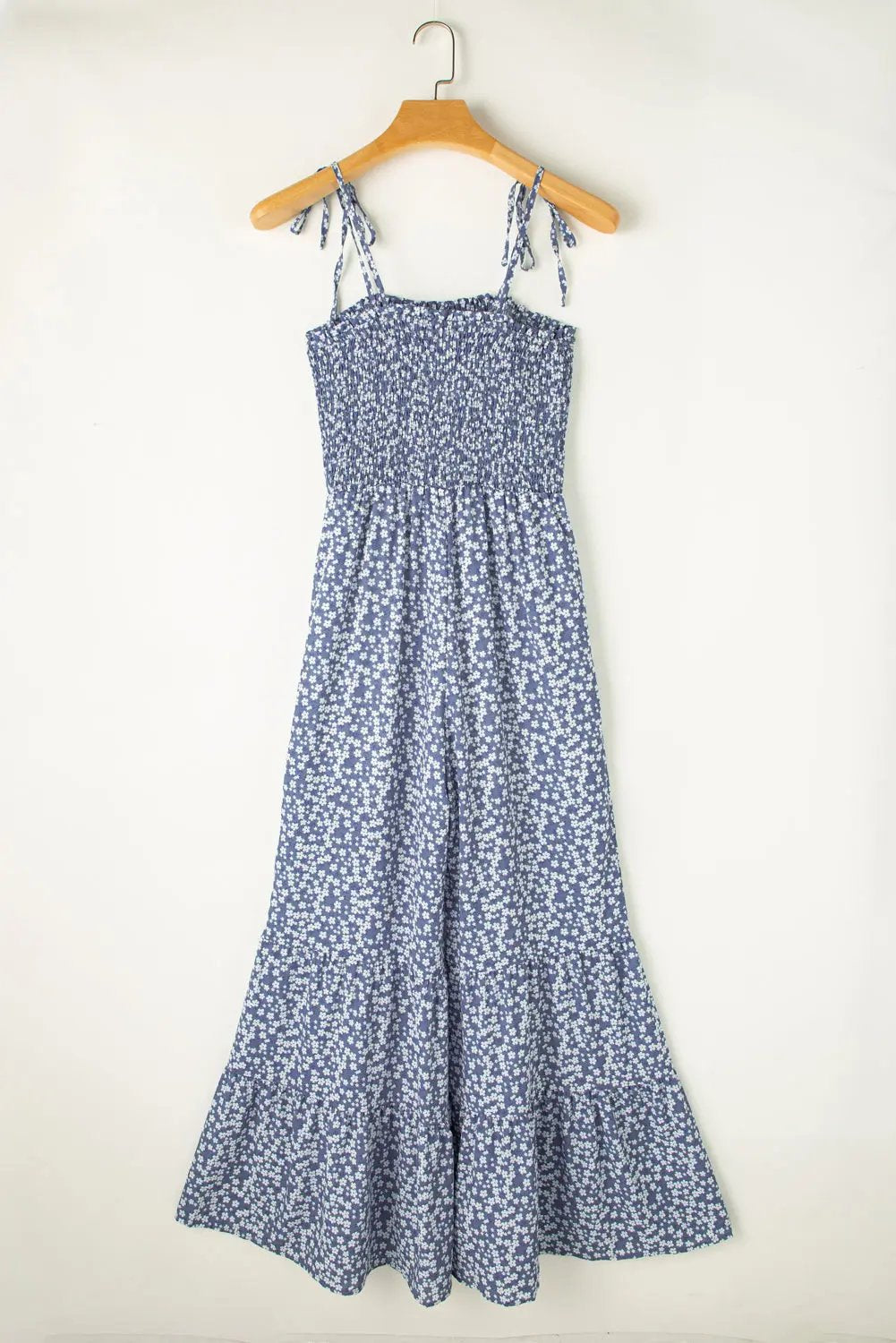 Jumpsuit - Floral Smocked Bodice Wide Leg - Bohemian Vacation