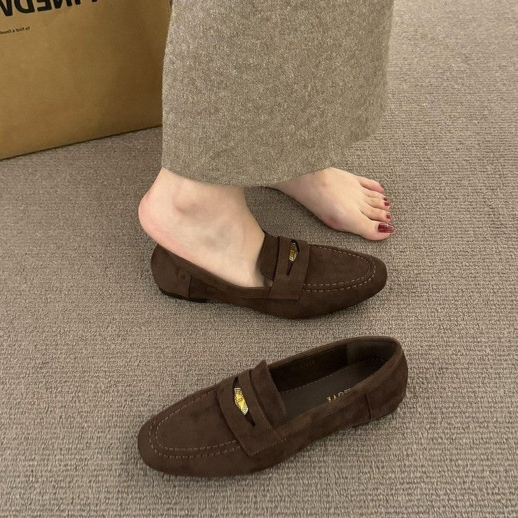 Suede Loafer Flats with Buckle Detail