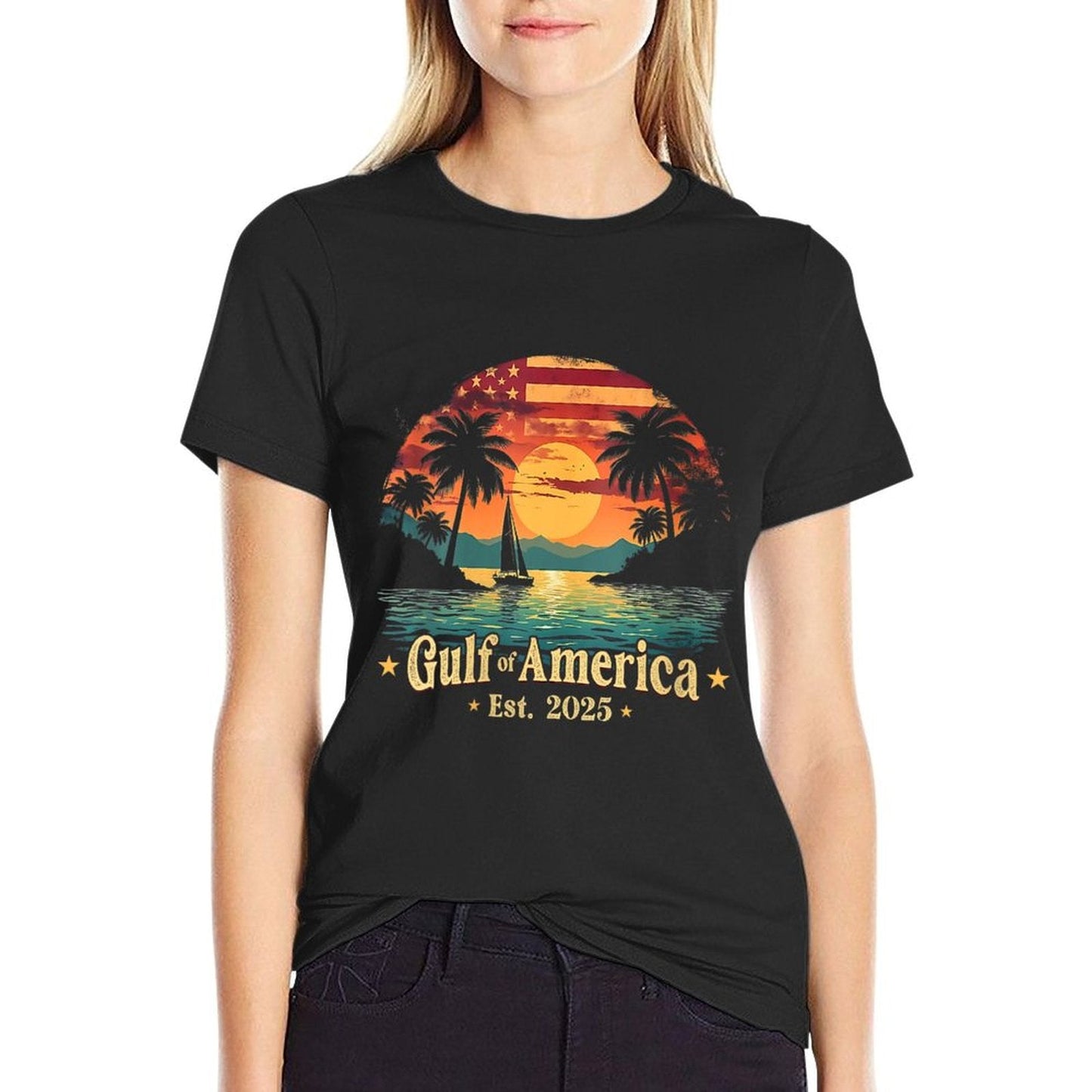 Womens Vintage Gulf Of USA America Funny USA Flag V-Neck Slim-fit Cut T-Shirt