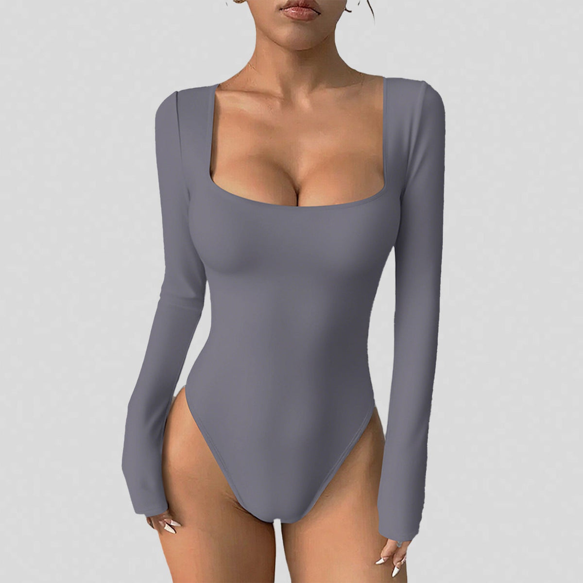 Women Square Neck Long Sleeve One-Piece Yoga Bodysuit Stretchy Tight Integrated Jumpsuit Fitness Workout Outfit