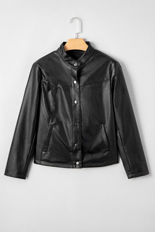 Faux Leather Button-Front Boxy Jacket See size chart under “more details”